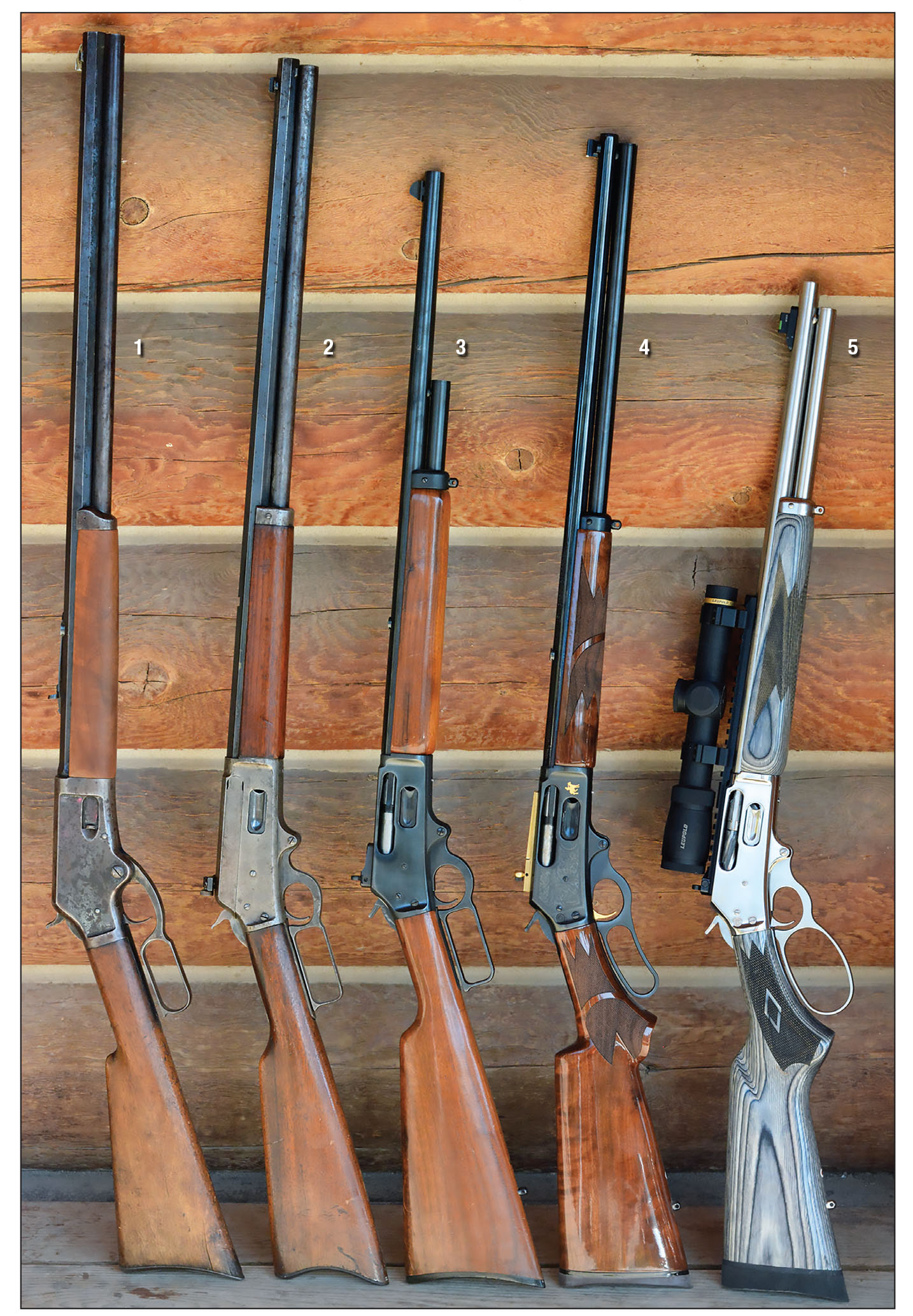 Marlin beat Winchester to the punch in offering a lever-action rifle chambered in 45-70 Government: (1) Marlin Model 1881, (2) original Marlin Model 1895, (3) 1972 era Model 1895, (4) Remington produced Marlin Model 1895 Limited Edition and (5) Ruger-produced Marlin Model 1895 SBL.